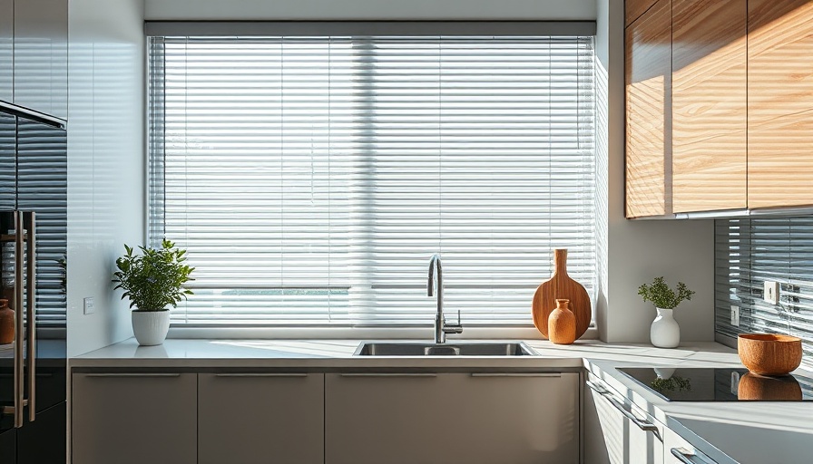 Modern kitchen with day night blinds and sleek decor.