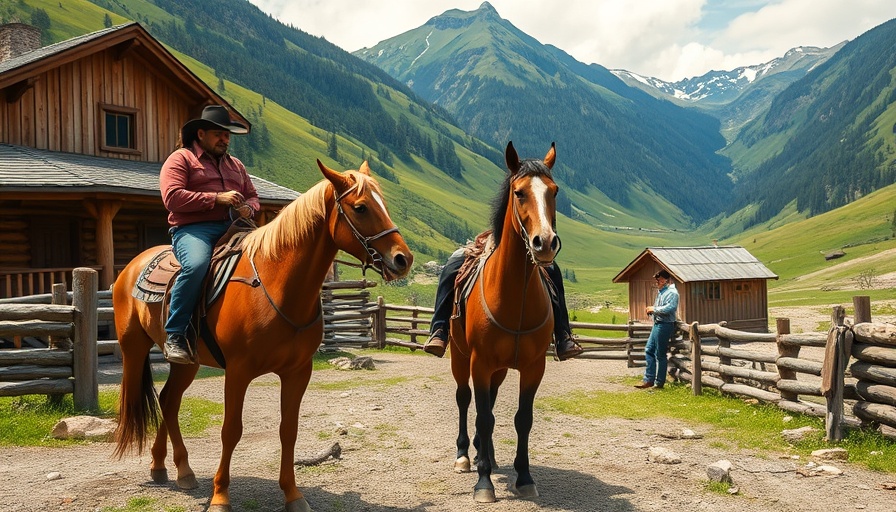 Scenic mountain view with horses and riders for Horse RV Travel Adventures.
