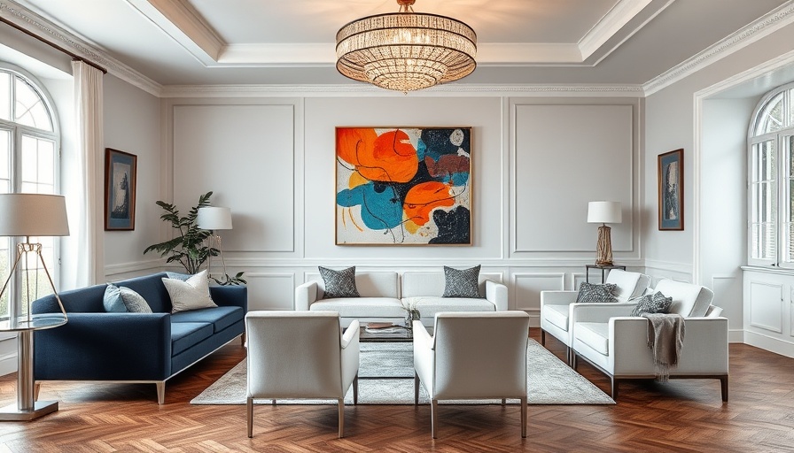 Modern living room with artful decor and abstract wall art.