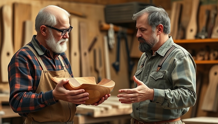 Craftsmen discussing lathe turning segmented bowl in woodshop.