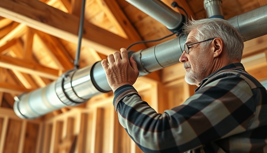 Older man installing mini duct system in wooden house under construction.