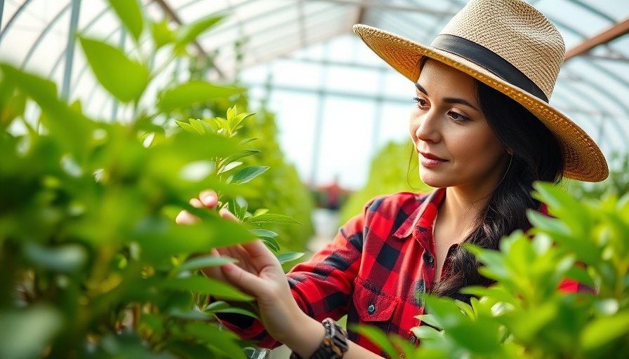 Gardener inspecting plants in a greenhouse, protecting crops from pests.