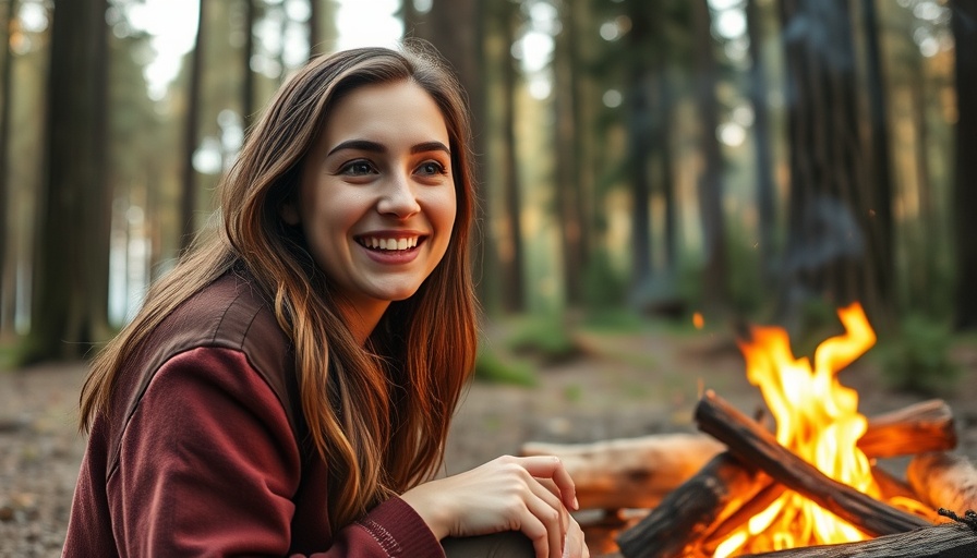 Van Life Tips: Smiling woman by campfire in a scenic forest.
