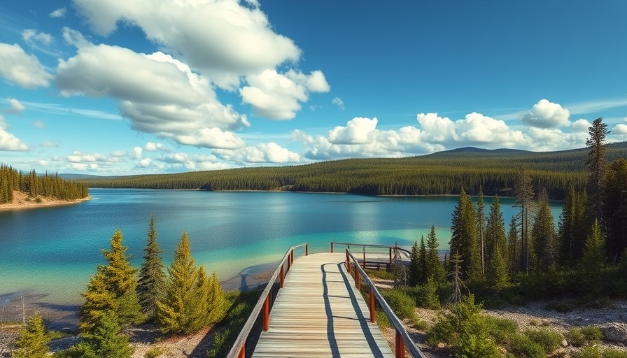 Scenic view of Yellowstone Lake with boardwalk and trees.