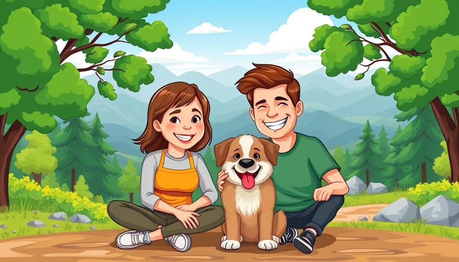 Cartoon couple enjoying RV lifestyle community chat outdoors.