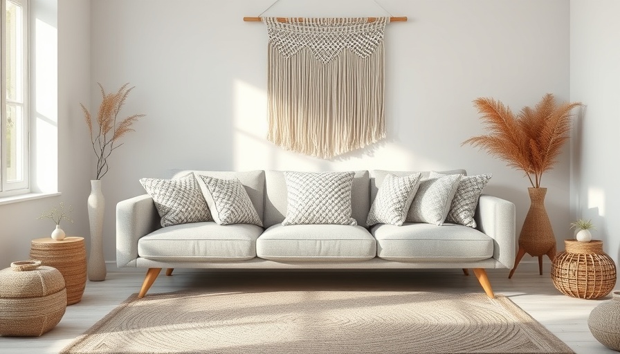 Beautiful cozy living room decor idea with gray sofa and woven textures.