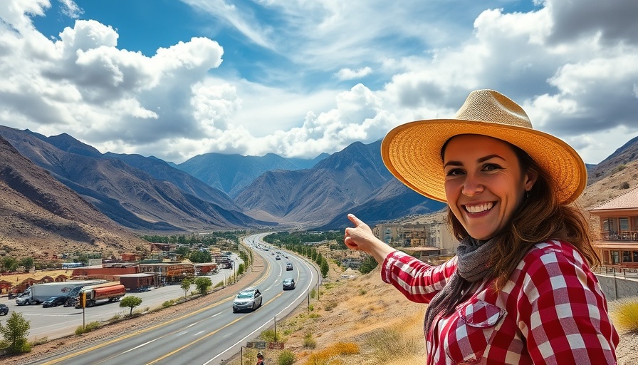 Vibrant scene of California's Highway 395 with mountains and a smiling woman.