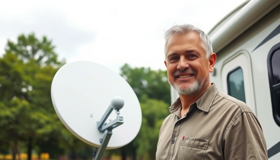 Man with gray hair holding satellite dish near RV, Starlink Rate Change.