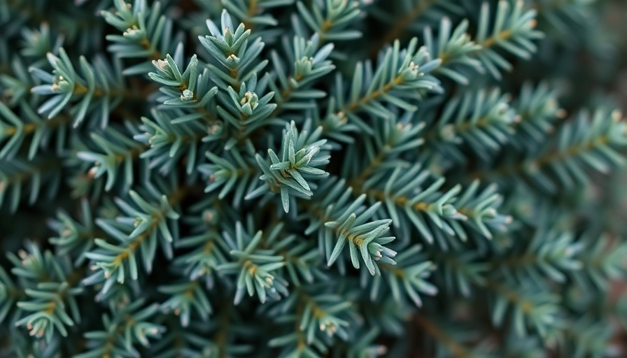 Blue Star Juniper foliage close-up with dewdrops, photorealistic.