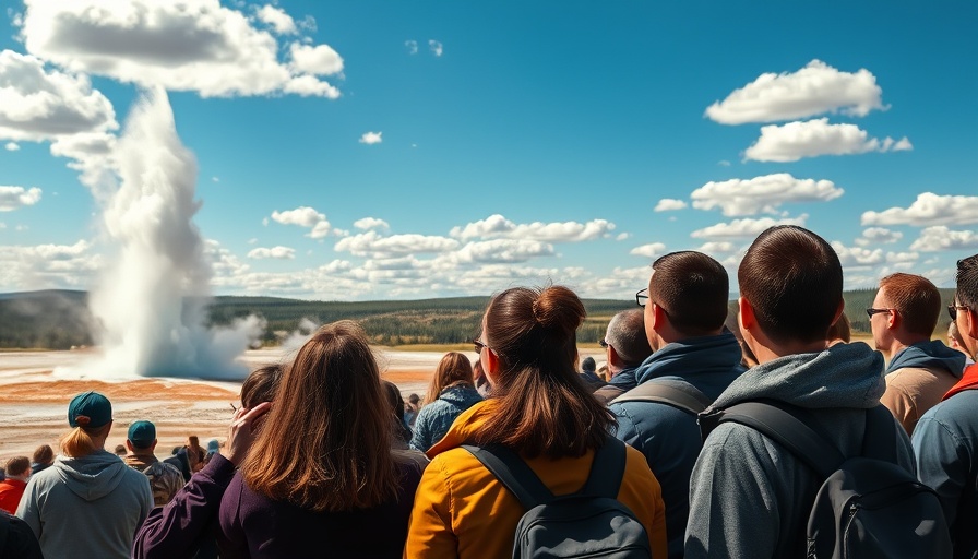 People watching geyser eruption in Yellowstone, bright day.