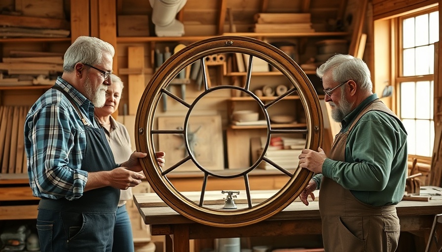 Artisans in workshop discussing historic window restoration.