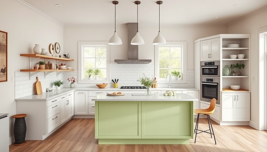 Stylish kitchen peninsula with modern decor and open shelving.