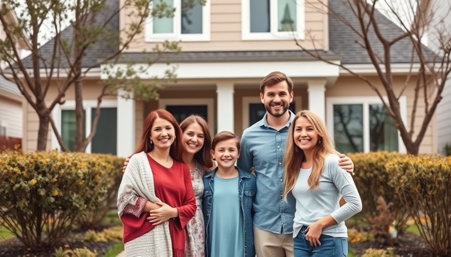 Family outside their renovated home, smiling for a photo