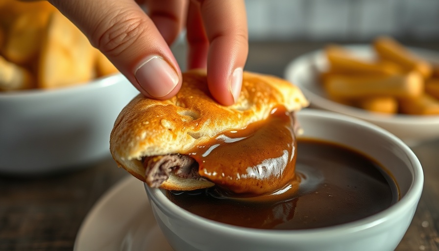 Instant Pot French Dip Sandwich dipped in au jus sauce close-up.