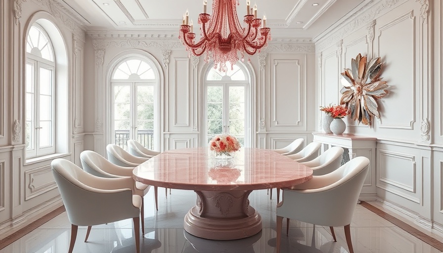 Luxurious modern dining space with pink marble table and plush chairs, showcasing modern interior trends.
