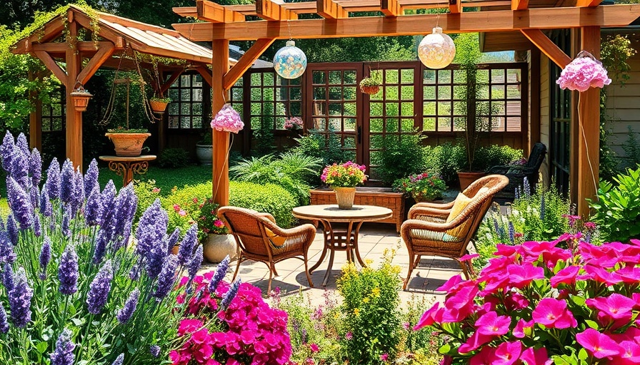 Lush year-round perennial garden with vibrant flowers and seating.