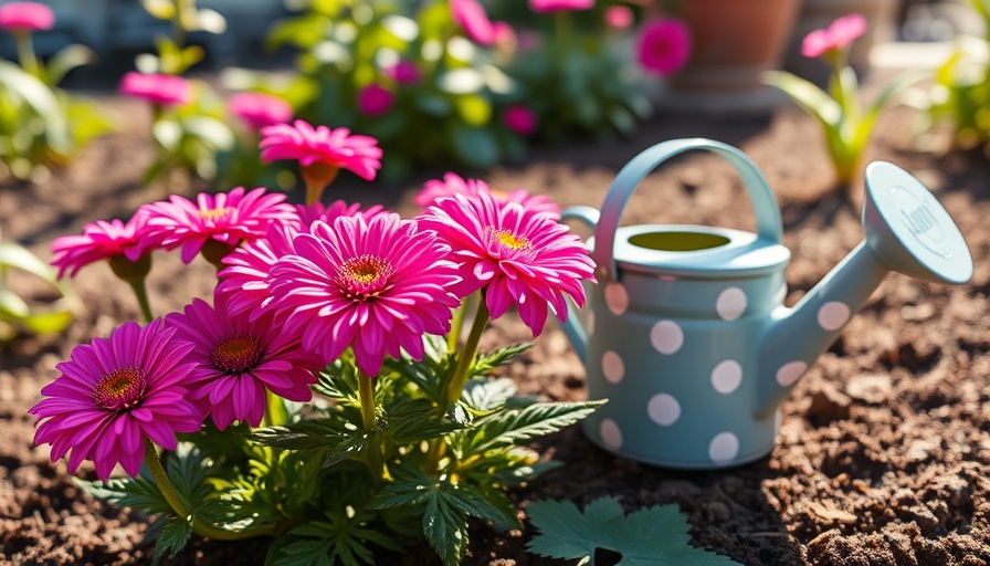 Vibrant garden mums being planted in soil with gardening tools.