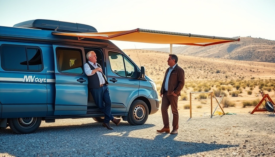 Full-time RV living with two men by a van under a blue sky.