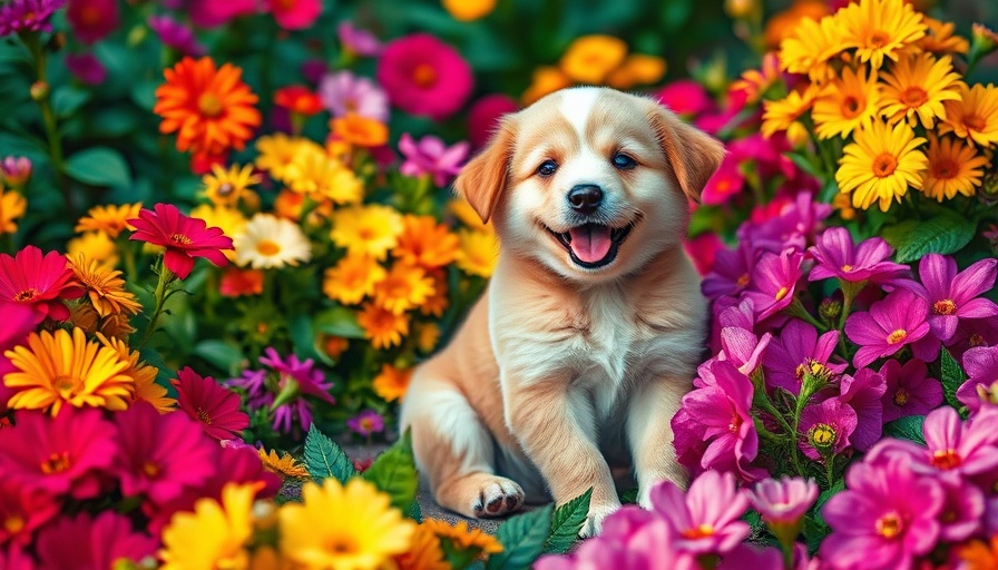 Puppy in garden with vibrant flowers and pee-proof plants.