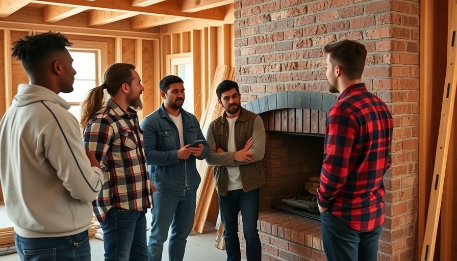 Discussion on installing a fireplace mantel at a construction site, group evaluating a brick fireplace.