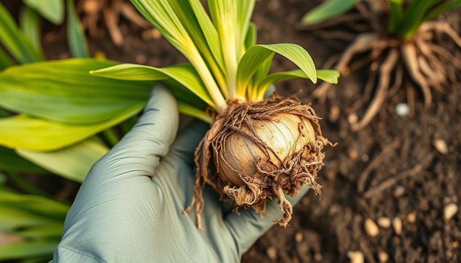Gloved hand holding bearded iris rhizome for planting.
