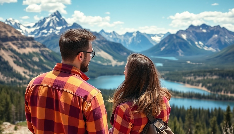 Couple discussing swimming in Rocky Mountain National Park with scenic backdrop.