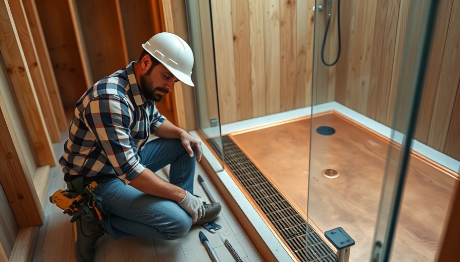 Linear shower drain installation in progress by construction worker.