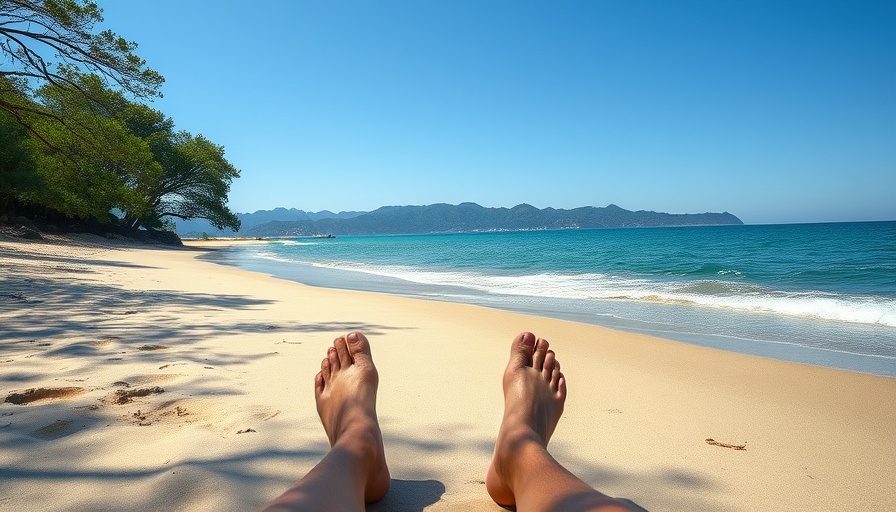 Relaxing on sandy beach with sea and mountains, embodying RV life experience.