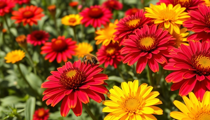 Early fall planting perennials in vibrant bloom with a bee.