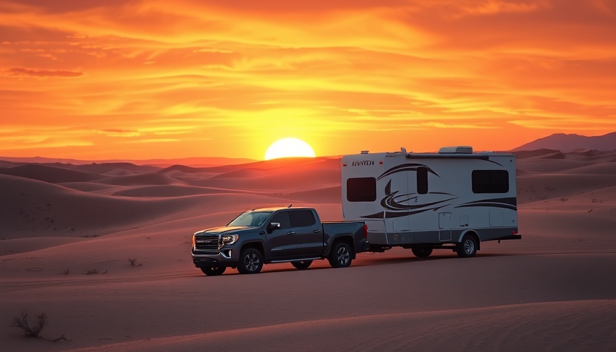 Boondocking in Glamis California at sunset with truck and RV.