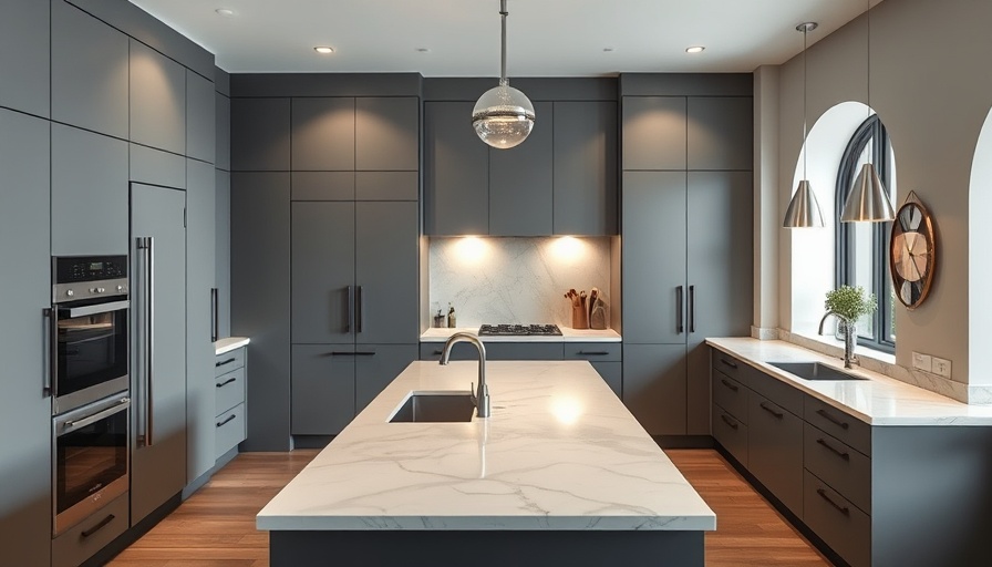 Modern kitchen remodel featuring double oven and island.