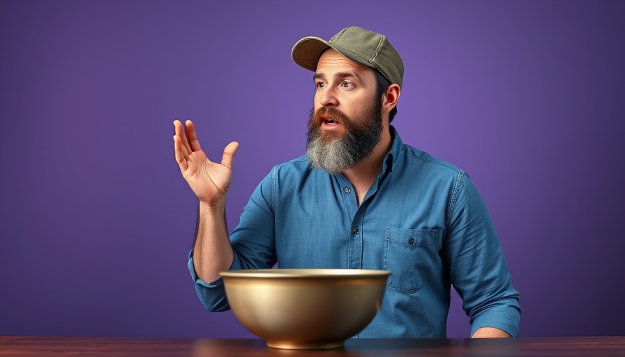 Man in blue shirt discussing tips passionately behind a table.