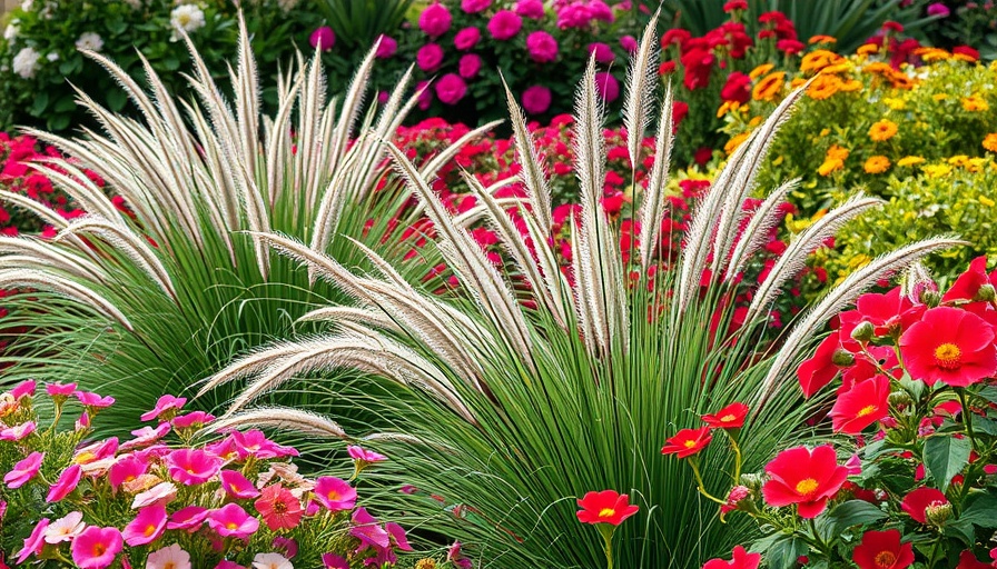 Vibrant garden with ornamental grasses and colorful flowers, ornamental grasses design.