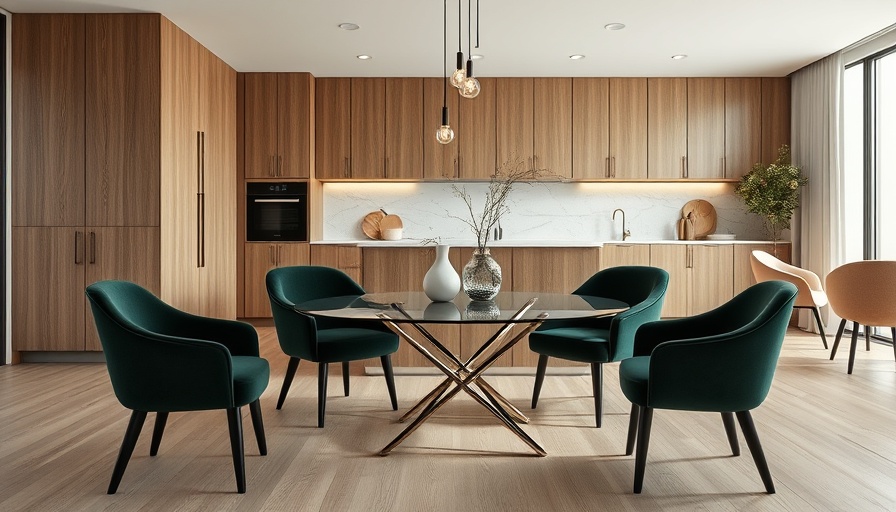 Modern interior trends shown in minimalist dining area with green velvet chairs.