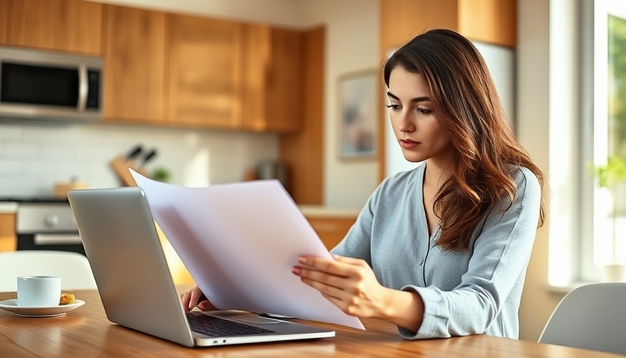 Young woman reviewing documents on a laptop in a modern kitchen, highlighting trending alternatives to kitchen islands.
