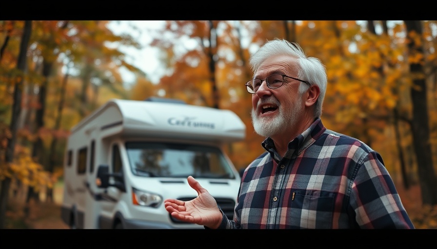 Fall '25 campground and RV deals with excited man and RV in forest.