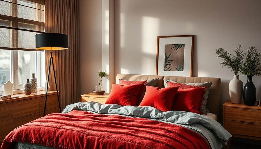 Bedroom with blackout blinds, modern design, warm tones.
