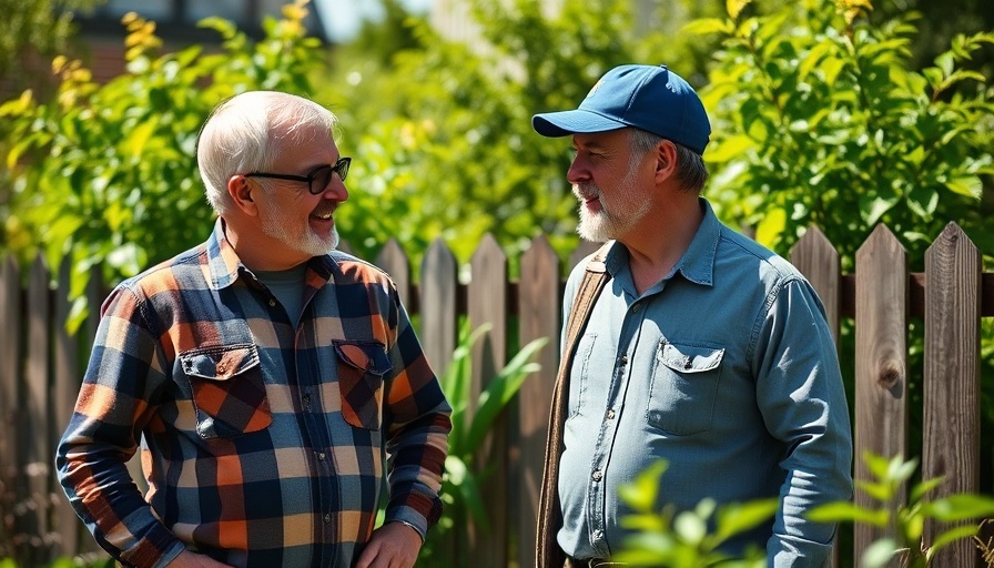 Two men discussing smart landscaping amidst lush garden, daytime.
