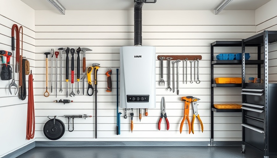 Modern tankless water heater in well-organized garage space, ideal for renovations.