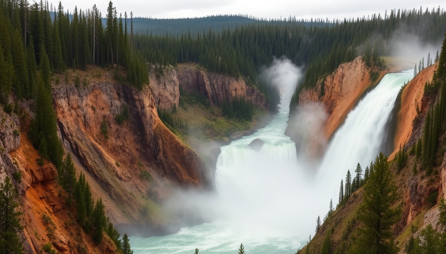 Epic Yellowstone Lower Falls in grand canyon landscape.