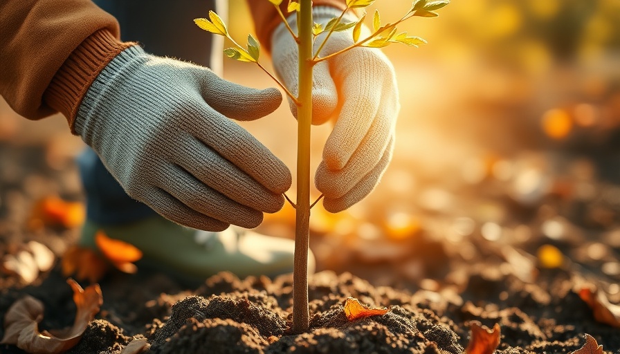Hands planting sapling in garden in September sunlight.