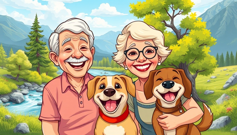 Cartoon older couple and dog enjoying RV lifestyle outdoors.