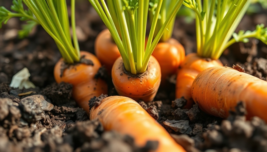 Ripe carrots with green tops in September gardening soil.
