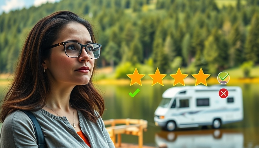 Full-time RV living tips, thoughtful woman by a lake with rating and icons.