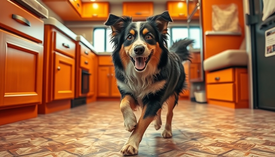 Australian Shepherd on patterned RV floor, showcasing RV floors for adventure.