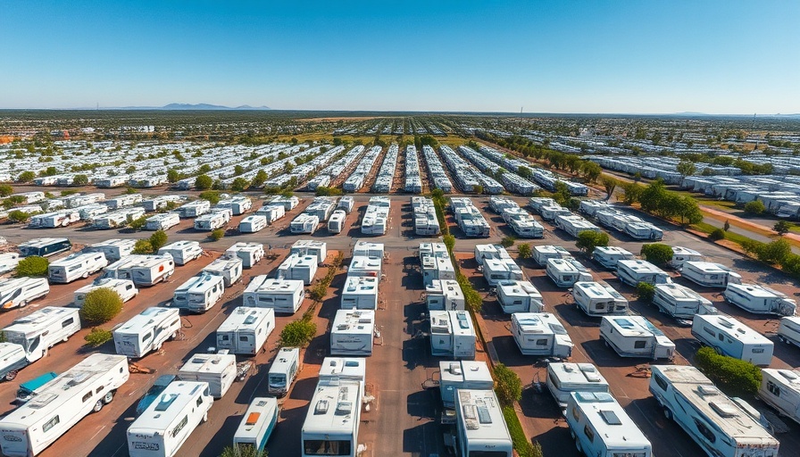 Impact of tariffs on RV industry shown through aerial view of RV lot.