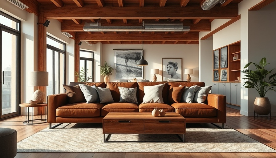 Modern brown interior design with leather sofa and wooden highlights.