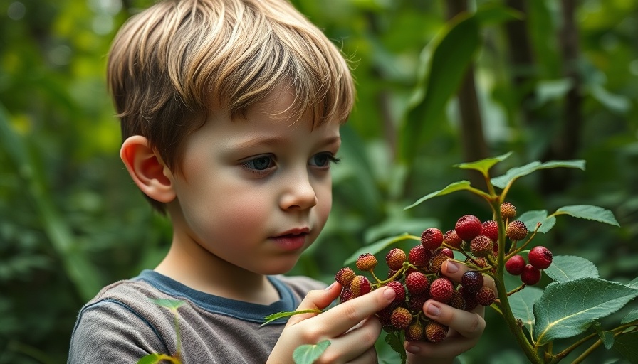 Man exploring wild thimbleberries on the trail in lush forest.