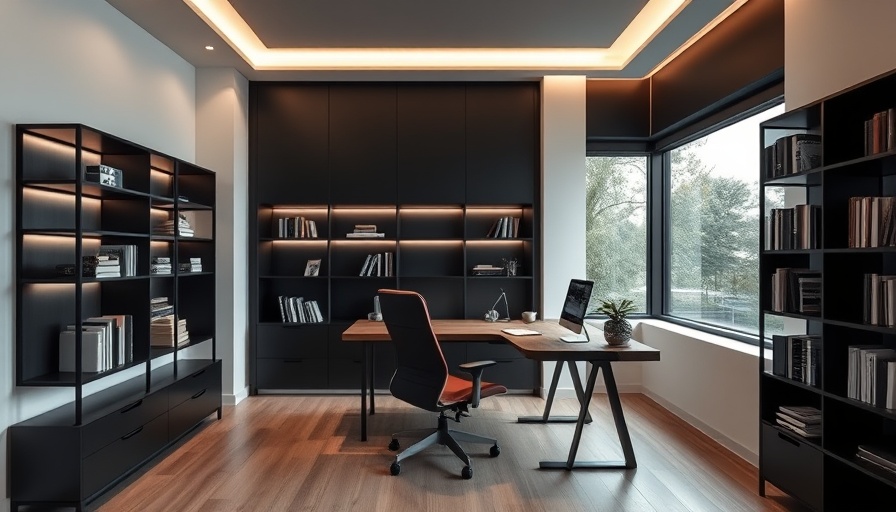 Sleek home office design with modern shelving and lighting.