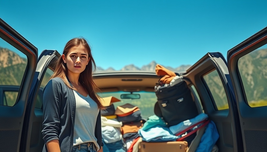 Young woman with cluttered van, rough start to van life, mountain backdrop.